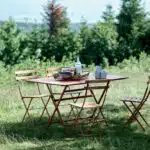 table et chaises en fer style bistrot dans un pré