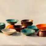 Vaisselle artisanale : assiettes et plats en poterie de différentes couleurs et formes