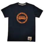 Vêtements eco-responsables : T-shirt noir avec logo orange représentant un van